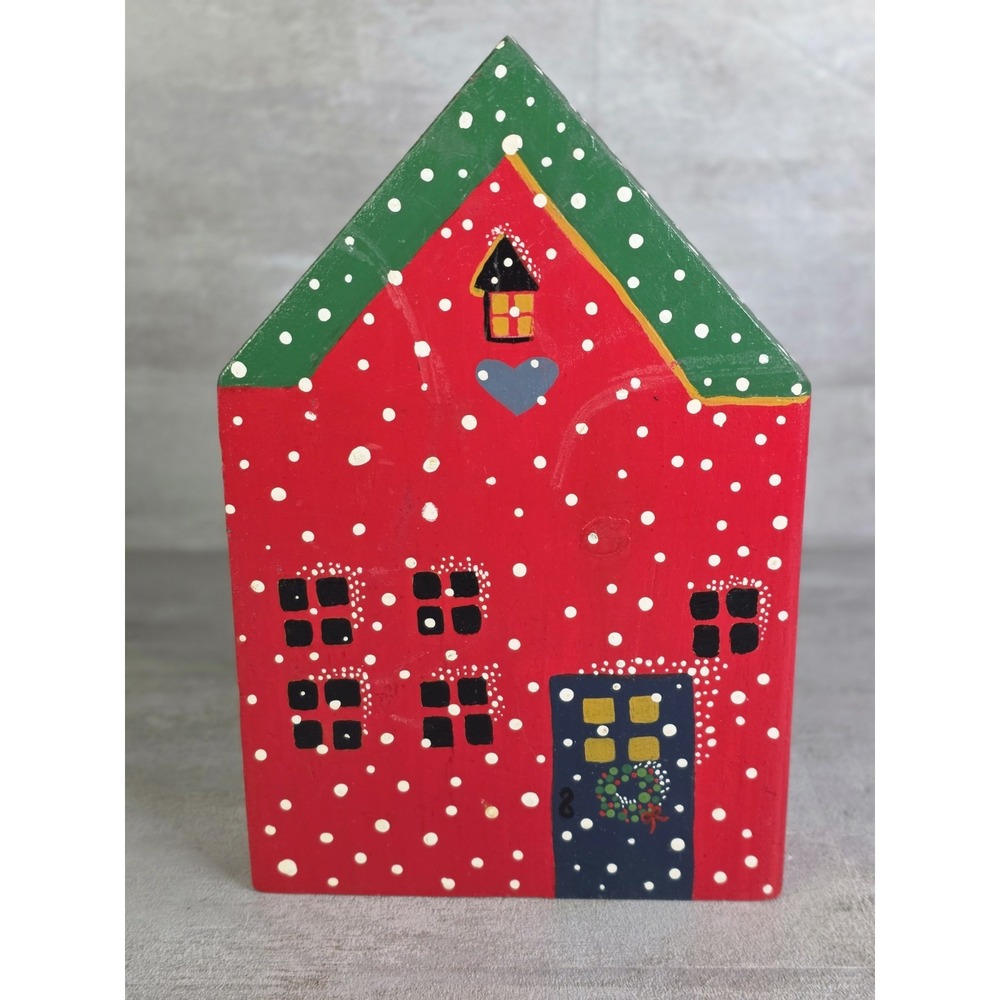 Handmade/painted Christmas Thick Wooden House Shelf Decor Rustic Holiday VTG
